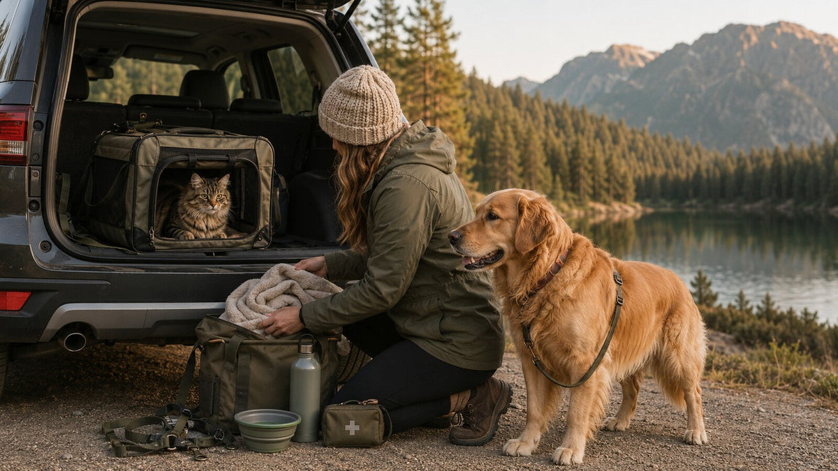 Golden retriever and tabby cat resting beside an SUV during a mountain road trip