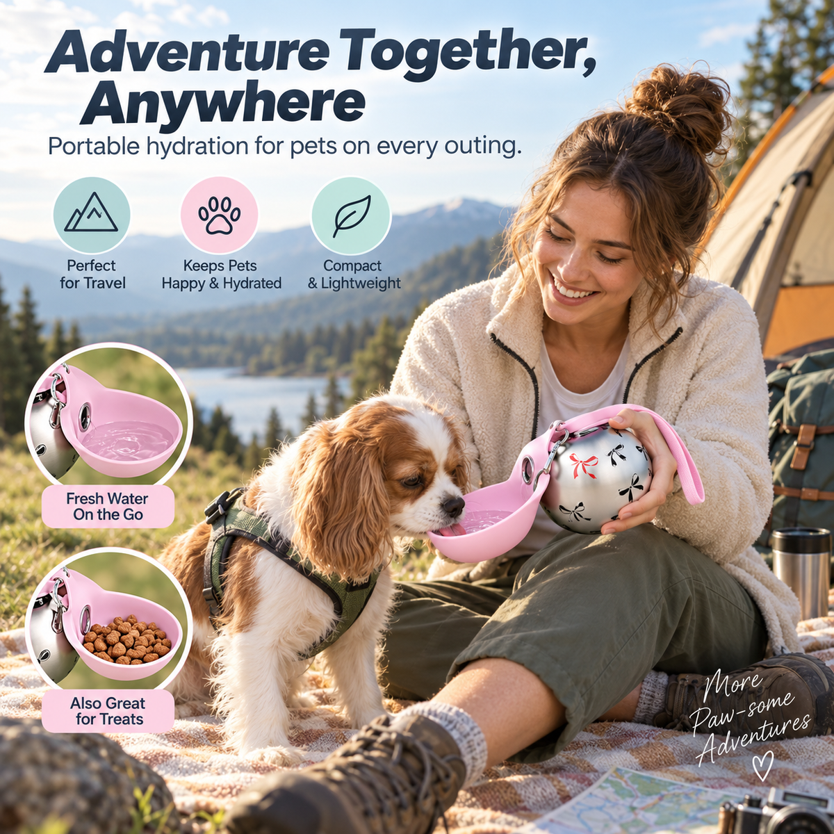 Portable Stainless Steel Dog Water Bottle with Foldable Bowl and Carabiner