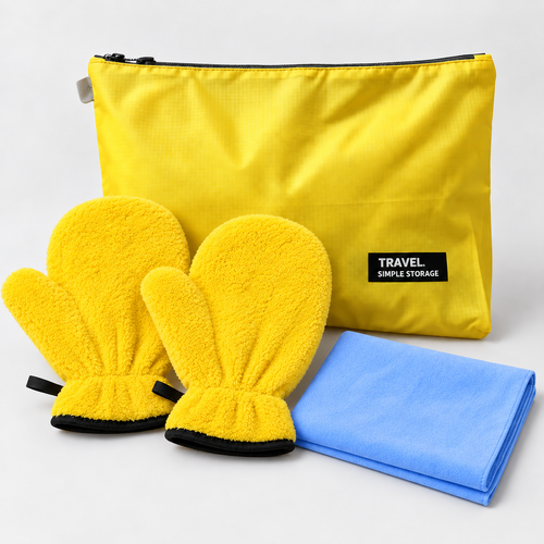 Yellow absorbent mitts, blue chamois towel, and yellow waterproof storage pouch