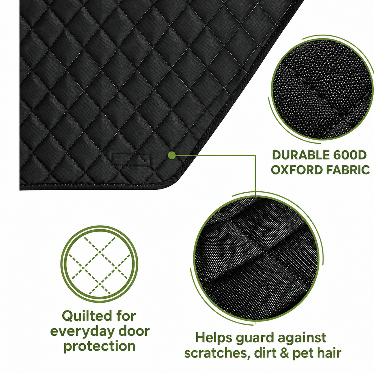 Close-up of durable black 600D Oxford fabric and quilted stitching