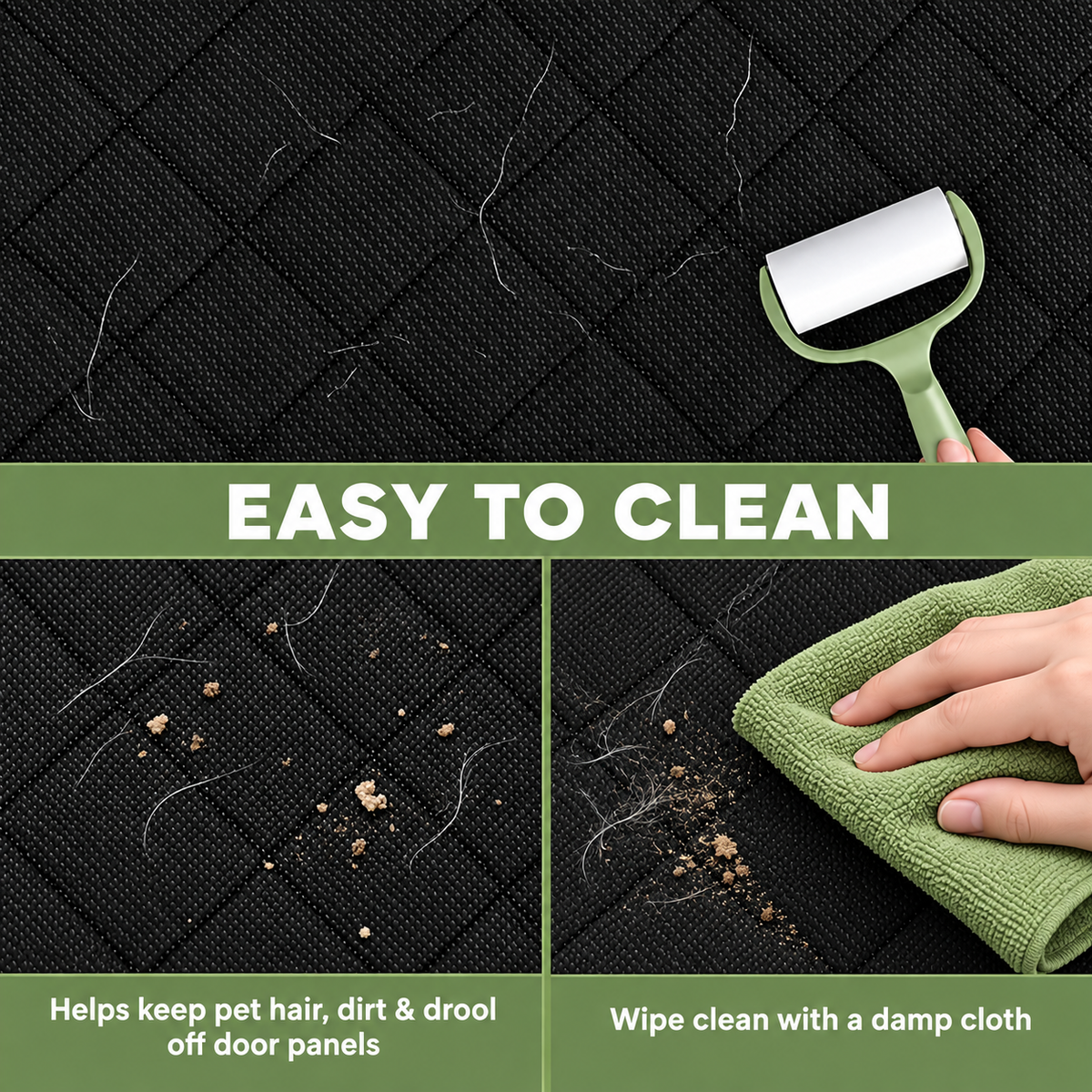 Black quilted car door protector being cleaned with a damp cloth