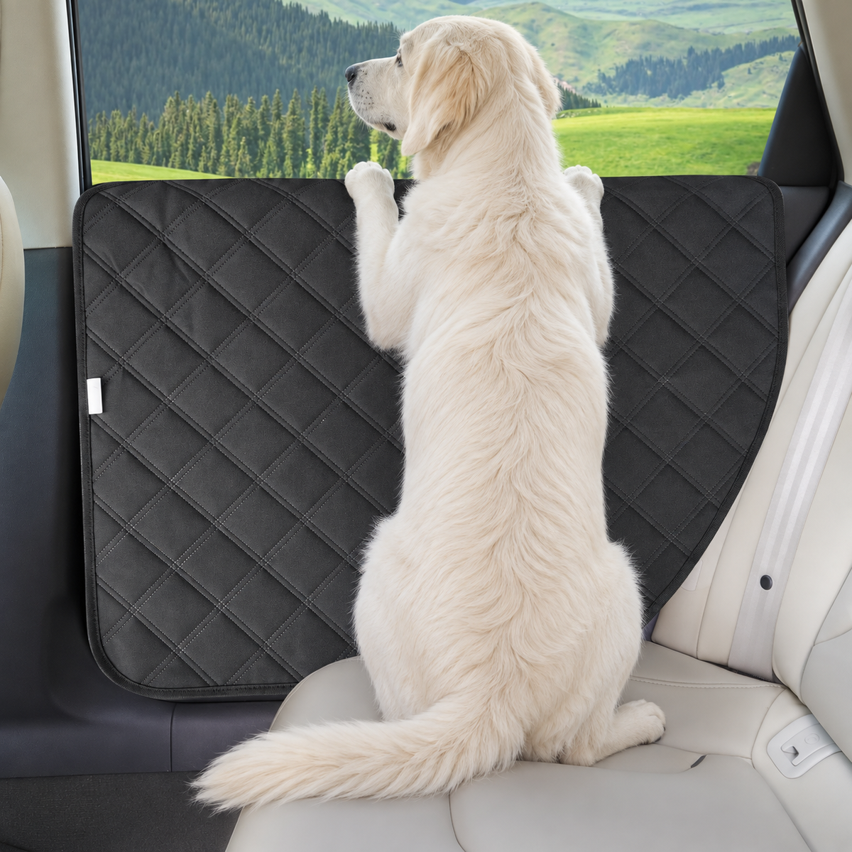 Dog using a black quilted car door protector during a road trip