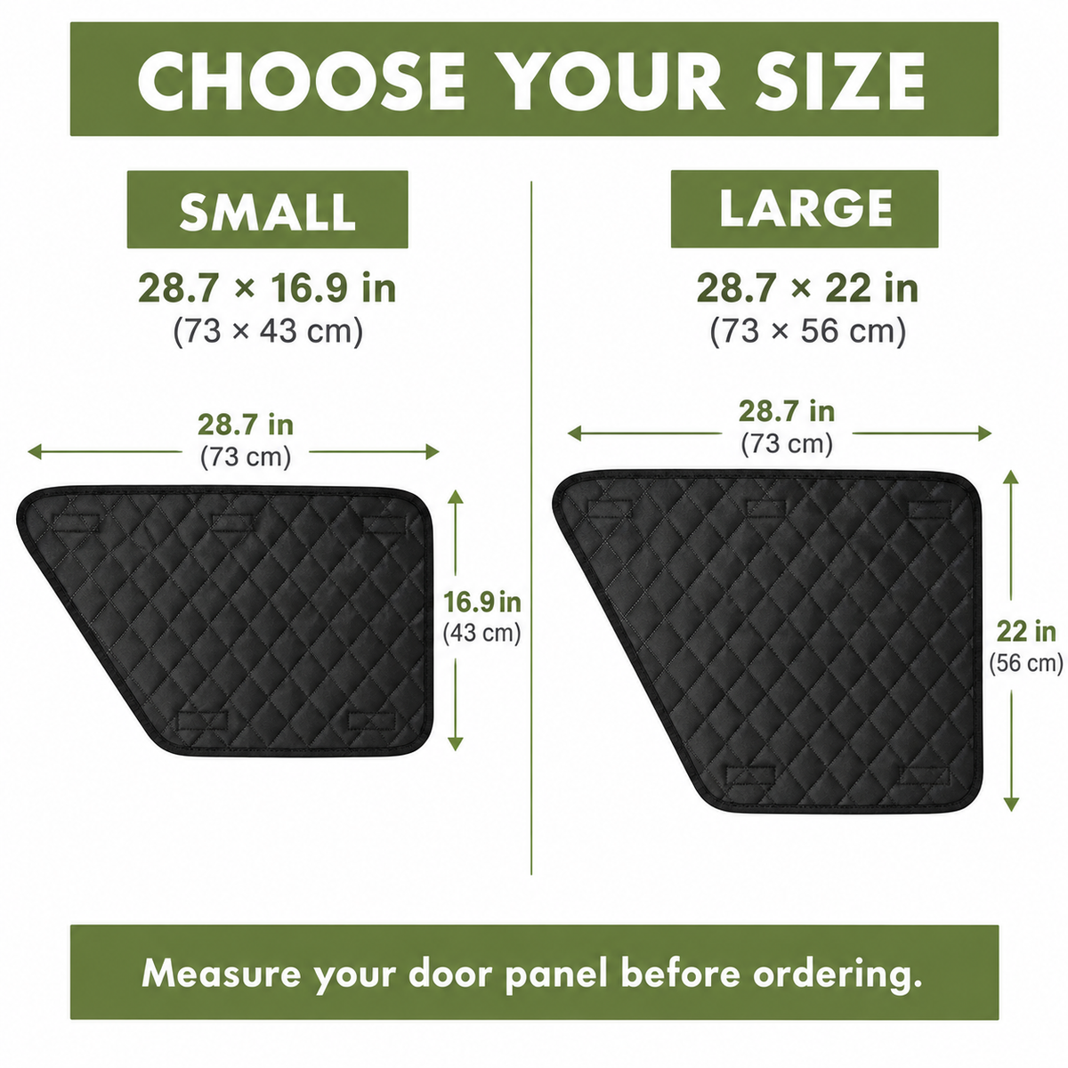 Size guide for Small 73 by 43 cm and Large 73 by 56 cm