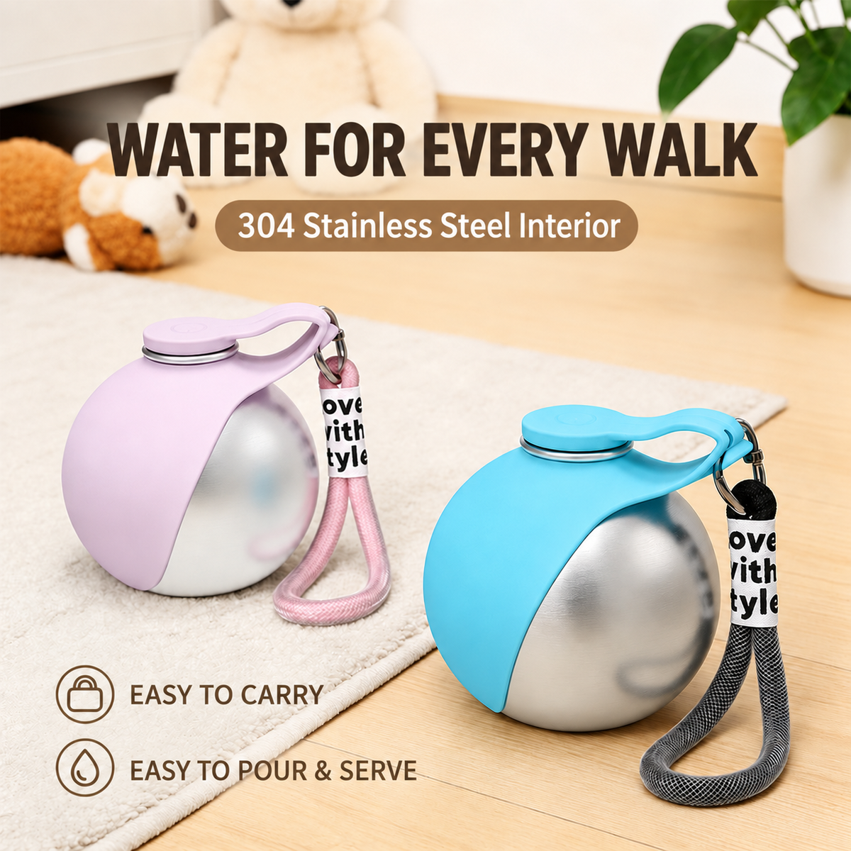 Portable Stainless Steel Dog Water Bottle with Foldable Bowl and Carabiner