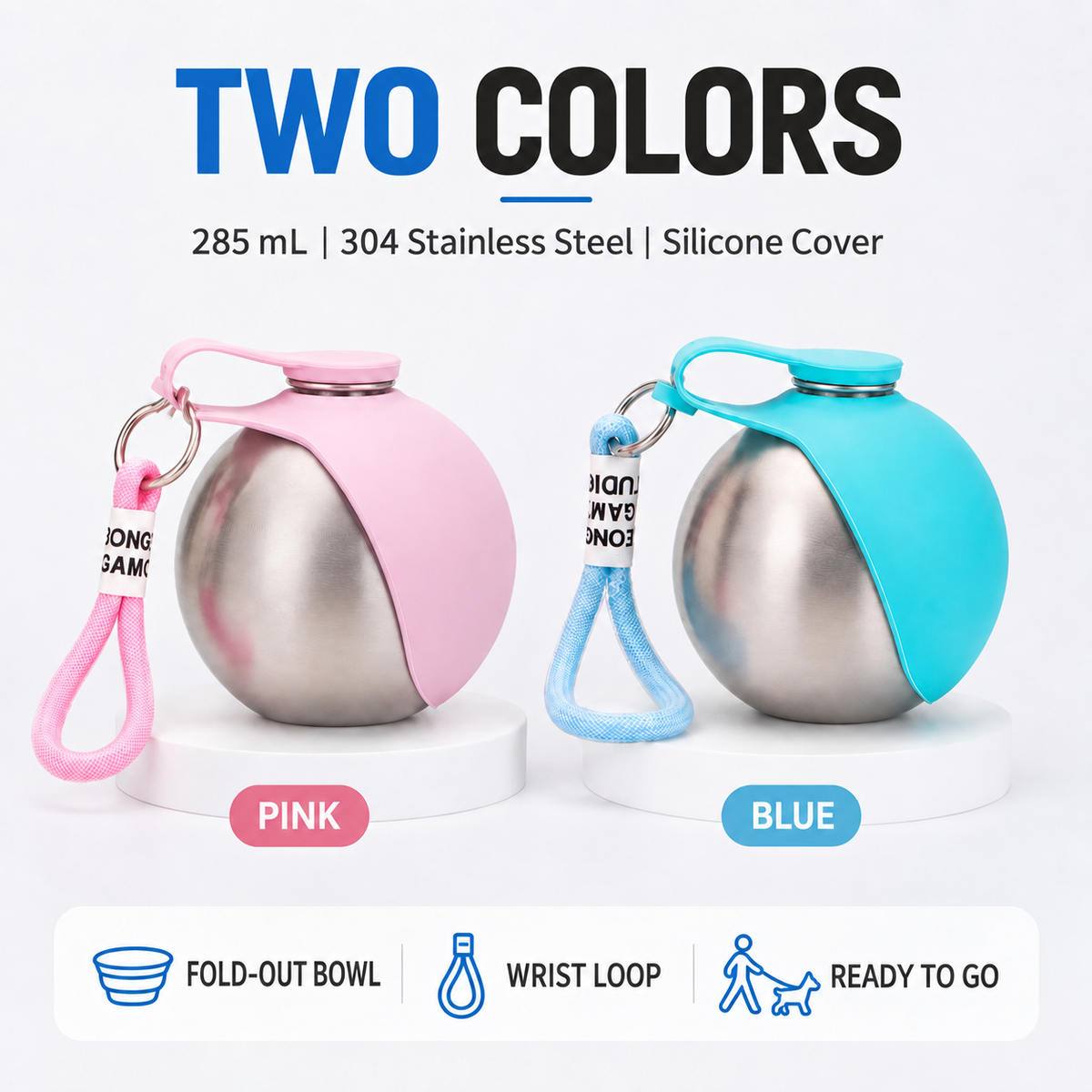 Portable Stainless Steel Dog Water Bottle with Foldable Bowl and Carabiner